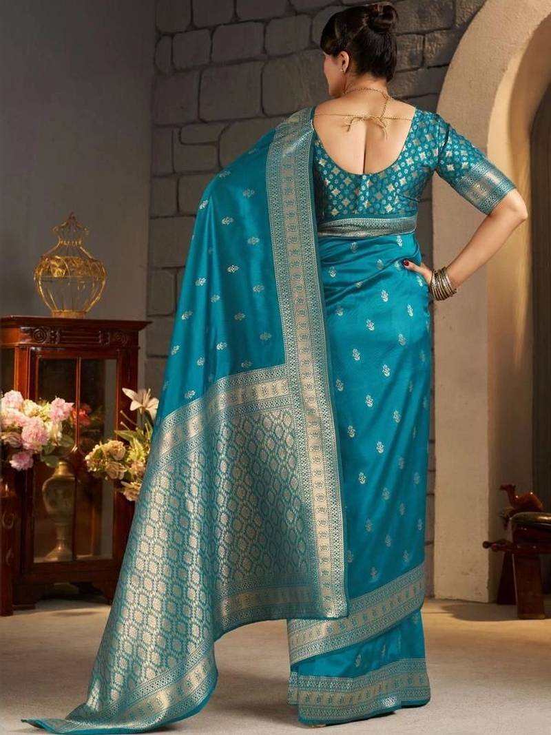 Teal woven design zari silk blend designer banarasi saree