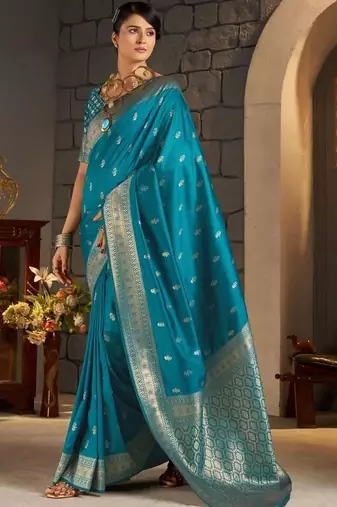 Teal woven design zari silk blend designer banarasi saree