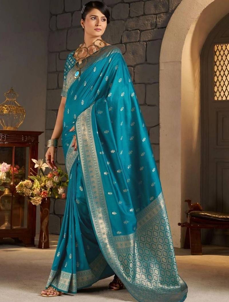 Teal woven design zari silk blend designer banarasi saree