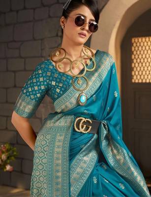 Teal woven design zari silk blend designer banarasi saree 4