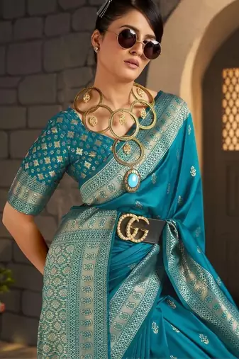 Teal woven design zari silk blend designer banarasi saree