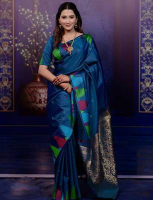 Blue woven design soft silk with zari weaving border saree and matching blouse piece 1