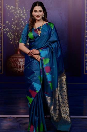 Blue woven design soft silk with zari weaving border saree and matching blouse piece