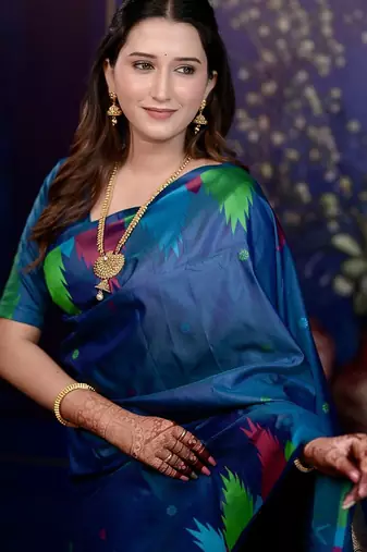 Blue woven design soft silk with zari weaving border saree and matching blouse piece