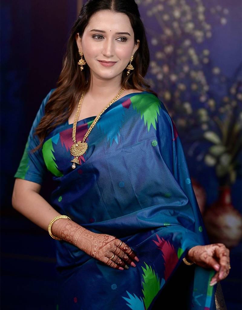 Blue woven design soft silk with zari weaving border saree and matching blouse piece