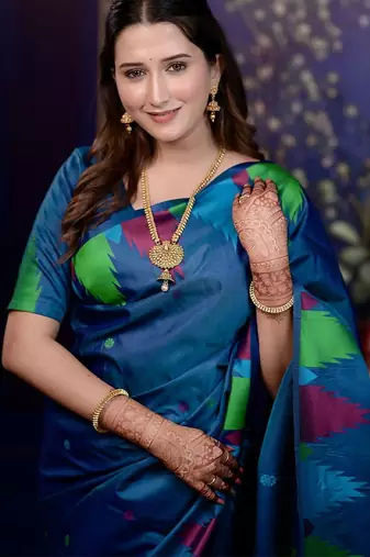 Blue woven design soft silk with zari weaving border saree and matching blouse piece