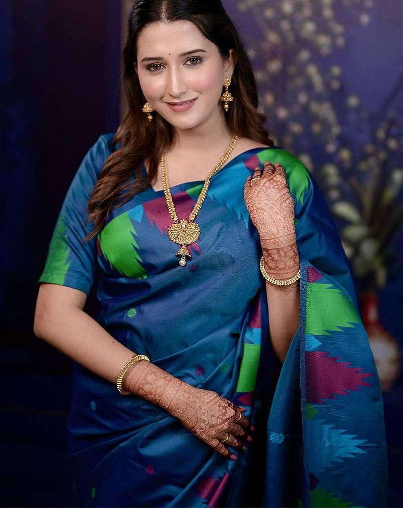 Blue woven design soft silk with zari weaving border saree and matching blouse piece