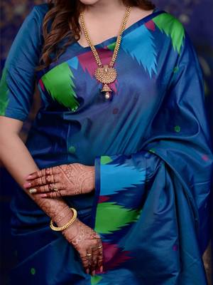 Blue woven design soft silk with zari weaving border saree and matching blouse piece 4