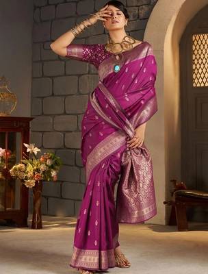 Purple woven design zari silk blend designer banarasi saree 1