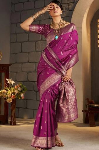 Purple woven design zari silk blend designer banarasi saree