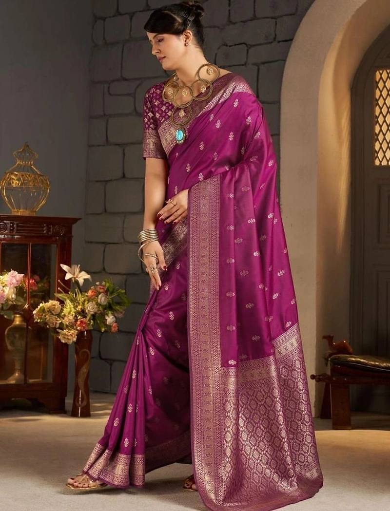 Purple woven design zari silk blend designer banarasi saree