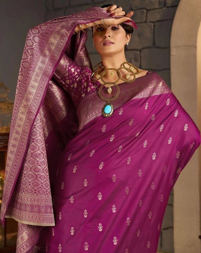 Purple woven design zari silk blend designer banarasi saree