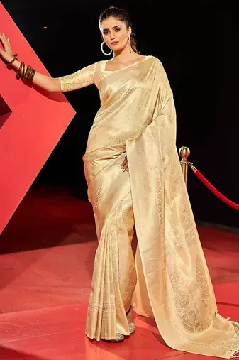 White ethnic motifs woven design zari saree