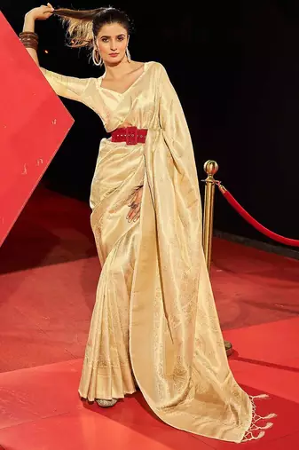 White ethnic motifs woven design zari saree