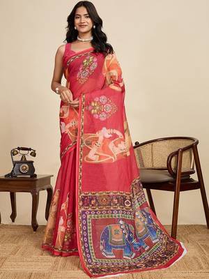 Red ethnic motifs zari linen blend saree 1