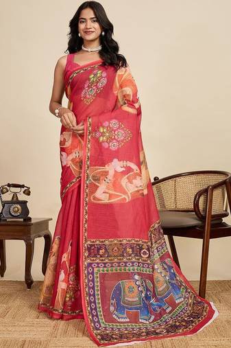 Red ethnic motifs zari linen blend saree