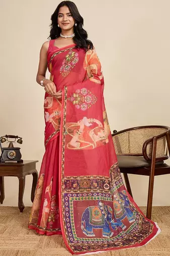 Red ethnic motifs zari linen blend saree