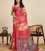Red ethnic motifs zari linen blend saree