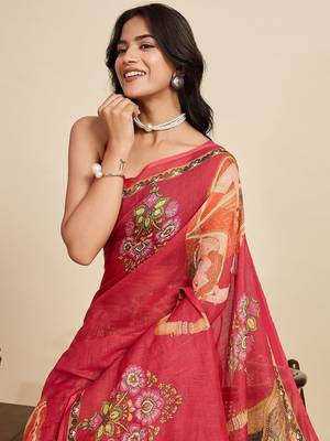 Red ethnic motifs zari linen blend saree 2