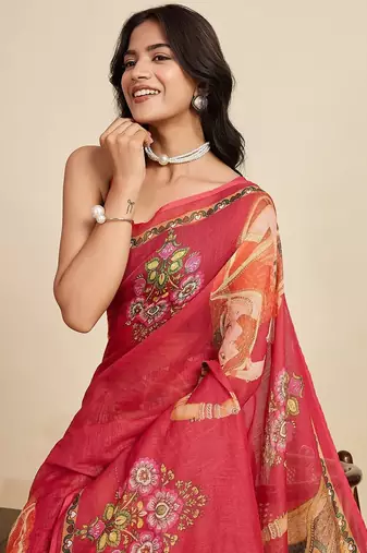 Red ethnic motifs zari linen blend saree