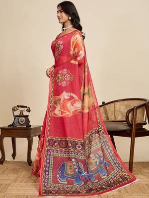 Red ethnic motifs zari linen blend saree 3