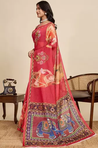 Red ethnic motifs zari linen blend saree
