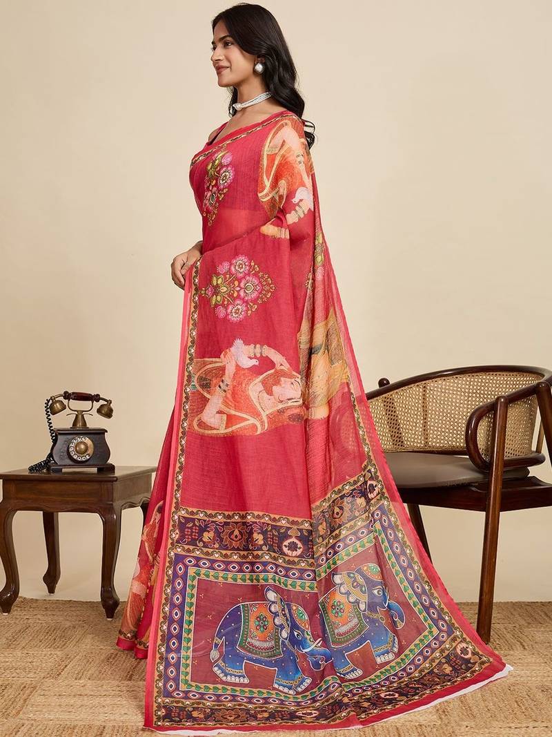Red ethnic motifs zari linen blend saree