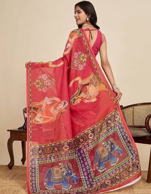 Red ethnic motifs zari linen blend saree 4