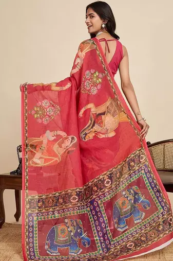 Red ethnic motifs zari linen blend saree