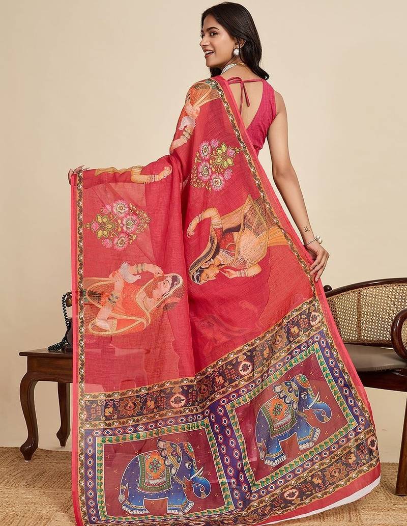 Red ethnic motifs zari linen blend saree