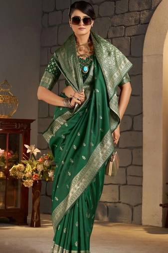 Green woven design zari silk blend designer banarasi saree