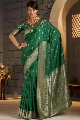 Green woven design zari silk blend designer banarasi saree