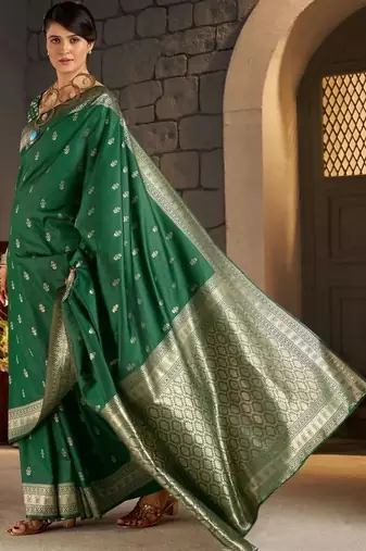 Green woven design zari silk blend designer banarasi saree