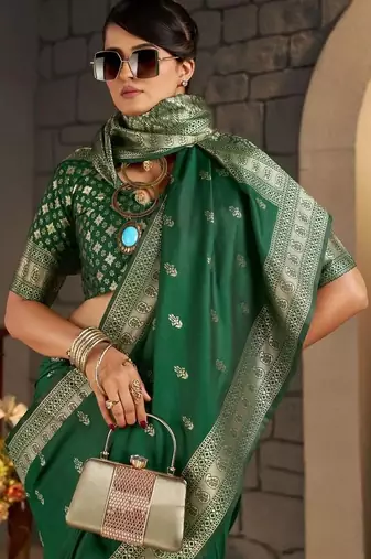 Green woven design zari silk blend designer banarasi saree