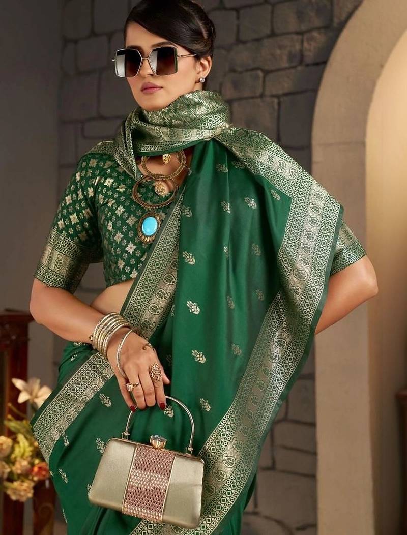 Green woven design zari silk blend designer banarasi saree