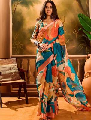 Multicolor women pure linen saree 1
