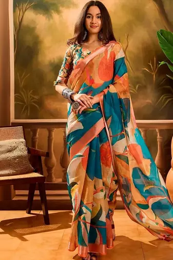 Multicolor women pure linen saree