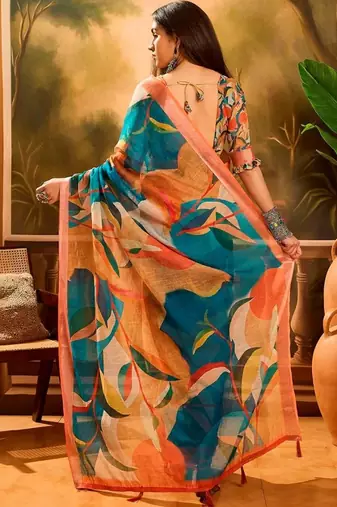 Multicolor women pure linen saree
