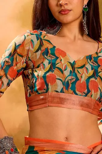 Multicolor women pure linen saree