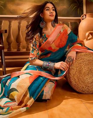 Multicolor women pure linen saree 4