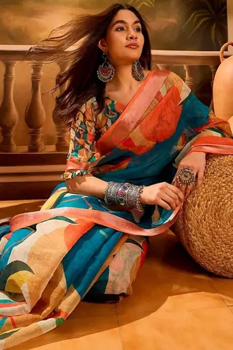 Multicolor women pure linen saree