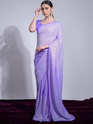Lavender women georgette sequance work  saree with unstithced blouse piece 1