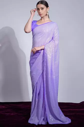 Lavender women georgette sequance work  saree with unstithced blouse piece