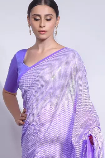 Lavender women georgette sequance work  saree with unstithced blouse piece