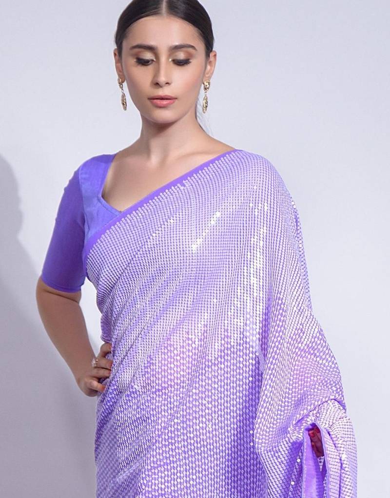 Lavender women georgette sequance work  saree with unstithced blouse piece