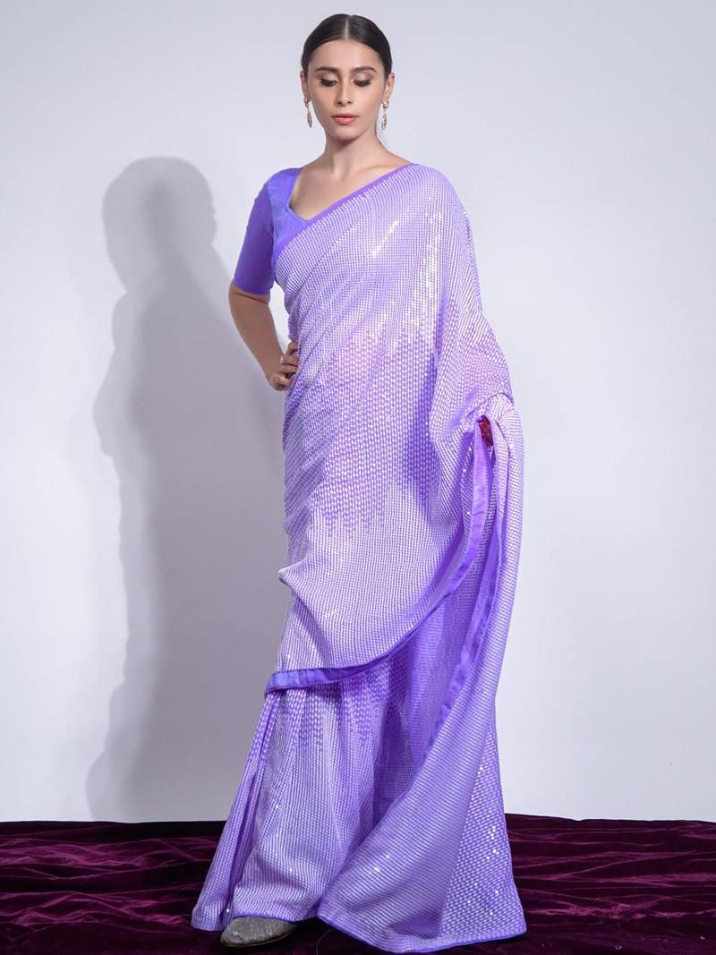 Lavender women georgette sequance work  saree with unstithced blouse piece