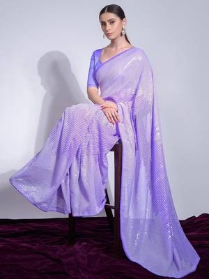 Lavender women georgette sequance work  saree with unstithced blouse piece 4