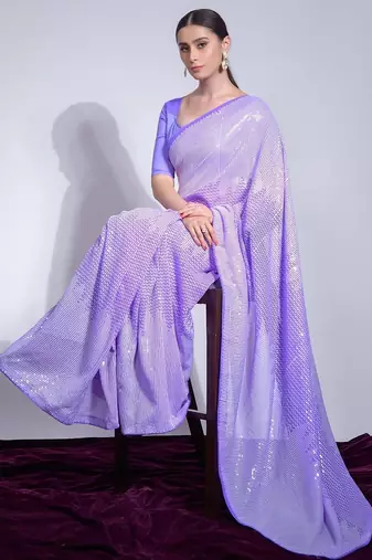 Lavender women georgette sequance work  saree with unstithced blouse piece