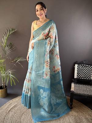 Blue floral woven design sareewith unstitched blouse piece 1