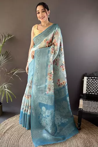 Blue floral woven design sareewith unstitched blouse piece